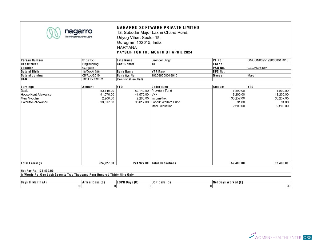 Download Nagarro Software payslip template in Word and PDF formats.pdf, 1 Photoshop template